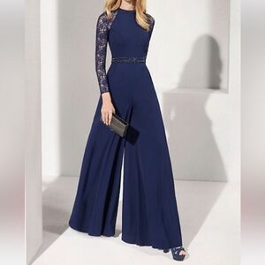 *NEW* TS COUTURE Lace Chiffon Wide Leg Jumpsuit Formal Navy Size 0 NWT